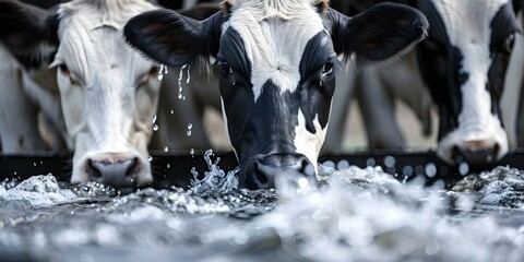 Cows quenching their thirst from solar-powered troughs: staying hydrated and content. Concept Animals, Solar Power, Water Conservation, Farming Technology, Sustainable Agriculture