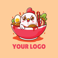 Cartoon chicken sitting in ramen bowl mascot logo