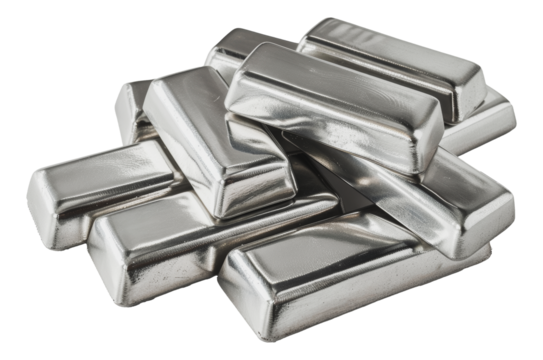 Stacked silver bars, cut out - stock png.