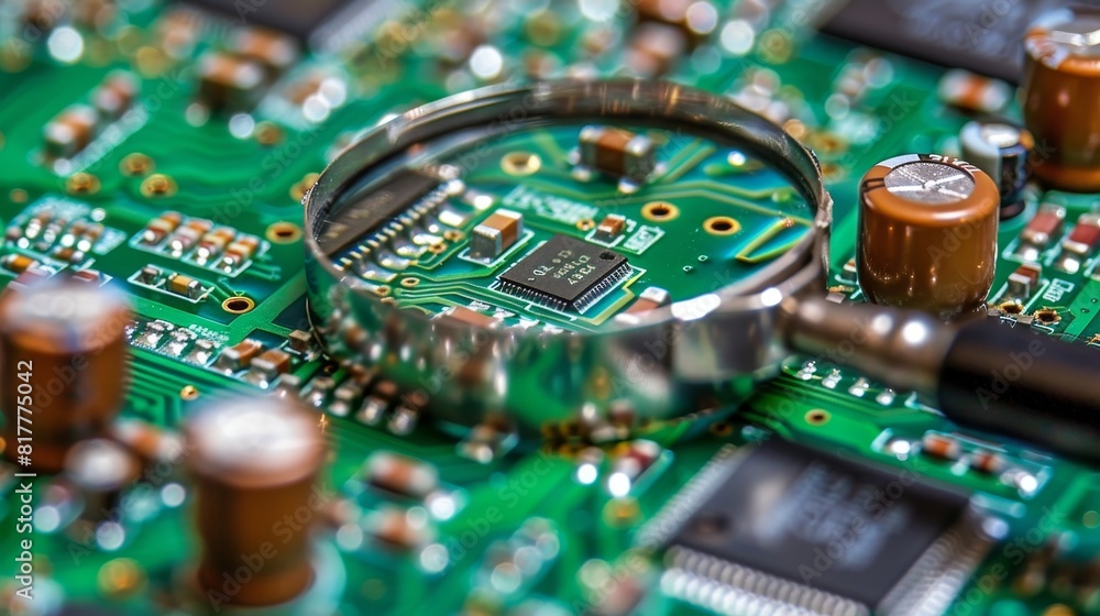 Aufkleber close up of computer microchips inspected through magnifying glass with room for text placement