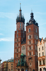 St Mary Basilica twin tower facade in Krakow, Poland