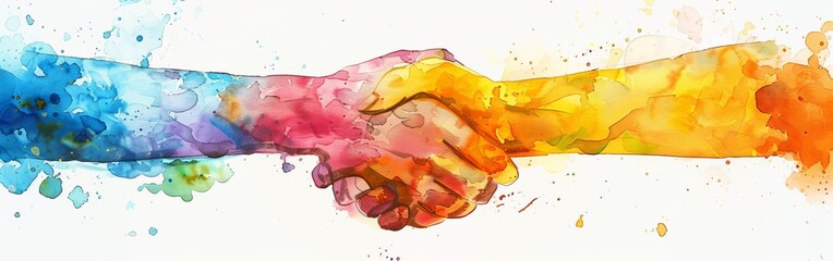 Watercolor illustration of a handshake in vibrant colors, representing the synergy and collaboration in teamwork --ar 19:6 Job ID: bc677823-91bb-43e0-9095-07fcd4eb3975
