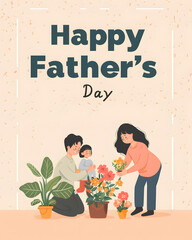 Vintage-style father day card featuring a smiling family receiving a bouquet of roses, with a couple in love, designed in a charming cartoon fashion