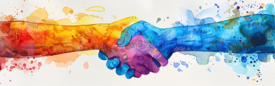 Watercolor illustration of a handshake in vibrant colors, representing the synergy and collaboration in teamwork --ar 19:6 Job ID: bc677823-91bb-43e0-9095-07fcd4eb3975