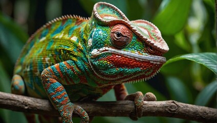 Obraz premium Exotic chameleon of vibrant colors and striking patterns formed by network of unique scales amidst green lush jungles