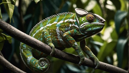 Exotic chameleon of vibrant colors and striking patterns formed by network of unique scales amidst...