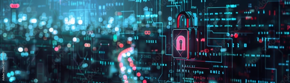 Aufkleber closeup of a digital encrypted lock on a futuristic circuit board, displaying advanced cybersecurity
