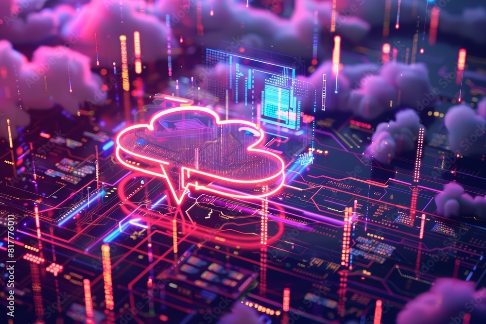 Poster closeup of a digital information technology web with cloud icons, placed on a neon cityscape, featur