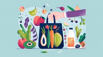 illustrate a hand holding a grocery bag full of fruits and vegetables. the bag should be overflowing with fresh healthy food.