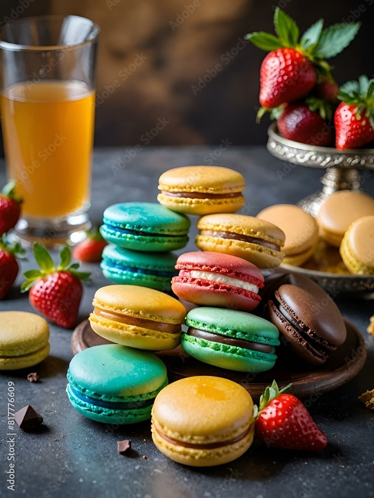 Sticker AI generated illustration of colorful macarons with various toppings on a blurry background