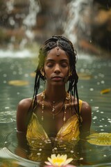 Obraz premium Wunderschöne Frau, traditionelle Kleidung, praktiziert Achtsamkeit im Wasser, inmitten von wunderschönen Lotus- und Wasserpflanzen, Stimmung der Achtsamkeit, Meditation und Entspannung des Geistes.