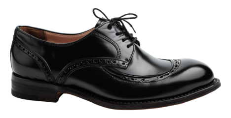 Polished black leather Oxford shoe, cut out - stock png.