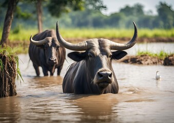 Fototapeta premium Asian water buffaloes swim in a mud swamp. A white bird sits on their backs. This is common in Thailand. These buffaloes are traditional agricultural animals.