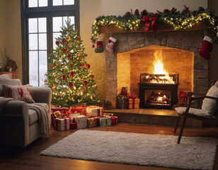 Fototapeta premium Albero, fuoco e regali: Natale perfetto 