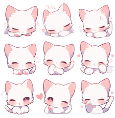 Cute kawaii ilustrations of a white cat with different expressions for stickers, emotes twitch, room decoration, logo, graphics, clipart, isolated, character design, decorative