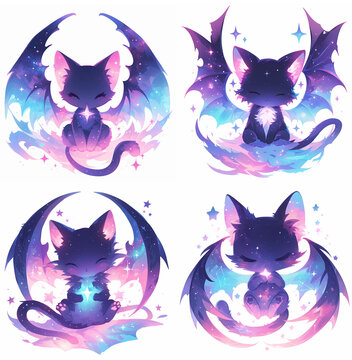 Black cat demon with wings Cute kawaii ilustrations for stickers, emotes twitch, room decoration, logo, graphics, clipart, isolated, character design, decorative