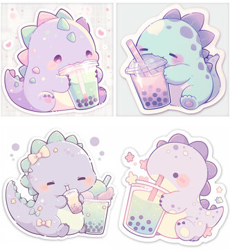 Boba tea dinosaur drinker Cute kawaii ilustrations for stickers, emotes twitch, room decoration, logo, graphics, clipart, isolated, character design, decorative