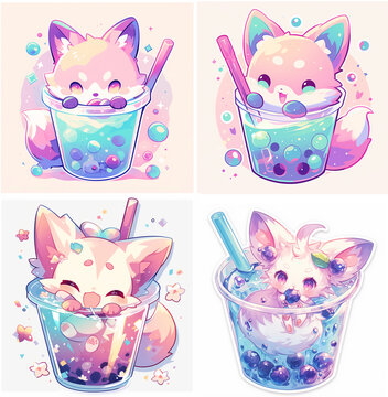 Boba tea fox Cute kawaii ilustrations for stickers, emotes twitch, room decoration, logo, graphics, clipart, isolated, character design, decorative