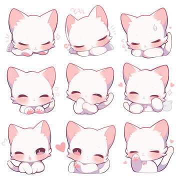 Cute kawaii ilustrations of a white cat with different expressions for stickers, emotes twitch, room decoration, logo, graphics, clipart, isolated, character design, decorative