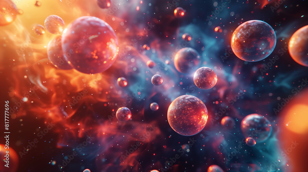 Wall mural colorful transparent glowing orbs merging and separating in space nebula galaxy, abstract background