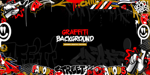 Graffiti background with throw-up and tagging hand-drawn style. Street art graffiti urban theme in vector format.