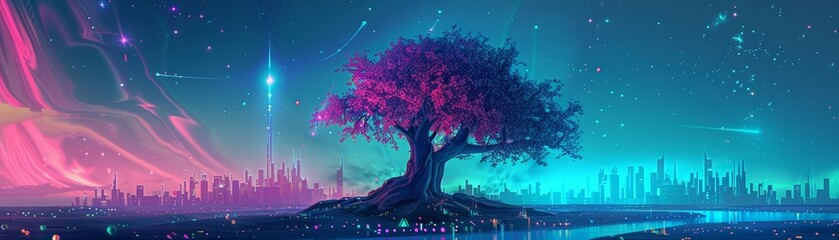 Futuristic illustration Pop art color of a tree that produces rare gems instead of fruits, set against a cyberpunk 80s color skyline, banner template sharpen with copy space