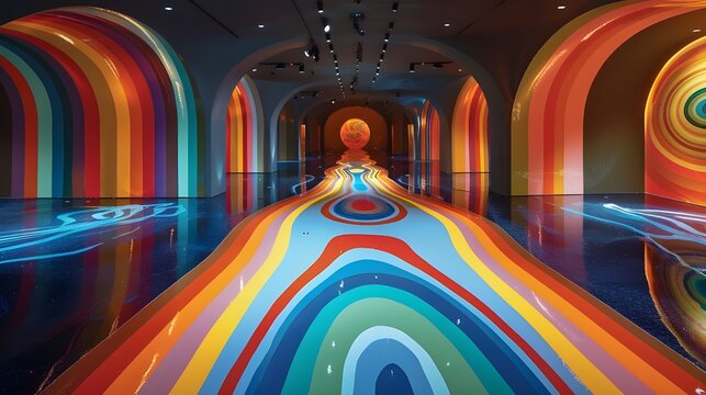 Psychedelic arched corridor, retro cool architecture building interior hallway tunnel, surreal hallucinating line, vibrant color optical illusion with infinity mirror. 3d digital artwork background.