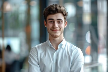 Professional Waist-Up Portrait of a 23-Year-Old Man, Serious Expression with a Hint of Smile, Office Windows Background