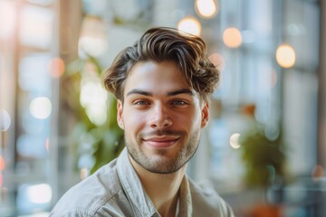 Serious 23-Year-Old Man Smiling Professionally in Waist-Up Portrait, Blurred Office Windows Background, Works in Ad Agency