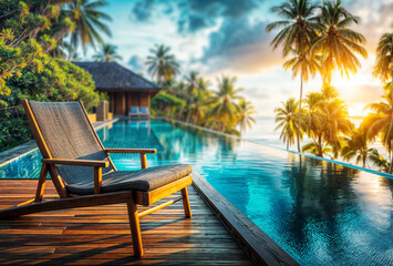 A deckchair is placed by an empty infinity pool. The sun is setting, and palm trees surround the pool. - Powered by Adobe
