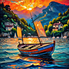 artistic painting of a sailboat in the sea at sunset with mountain and sea town view. Oil painting on canvas.