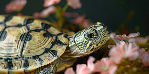 turtle with pink flowers in the background, generative AI