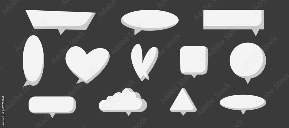 Poster collection of grey text bubbles. speech bubble shapes in cartoon style. simple blank message boxes w