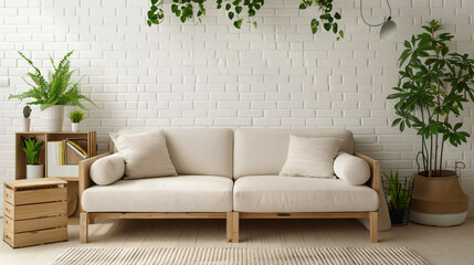 Sofa with cardboard boxes and plants near white brick