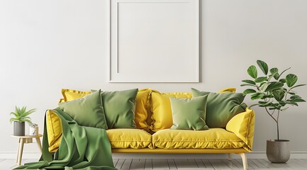 A yellow sofa in front of an empty white frame on the wall, interior design of modern living room ai generative