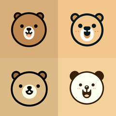 set of 2D flat design bear head illustrations
