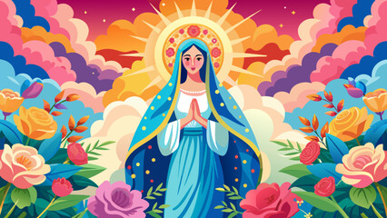 Vibrant Illustration of the Virgin Mary Amidst Floral Ambiance. Assumption of the Blessed Virgin Mary