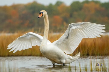 A swan with outstretched wings standing in water on a tranquil, overcast day, autumn colors in the background - Powered by Adobe