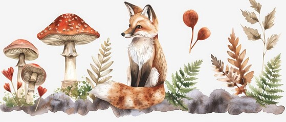 Set of watercolors of a whimsical fox cleverly navigating a world of oversize mushrooms and ferns, Clipart isolated on white