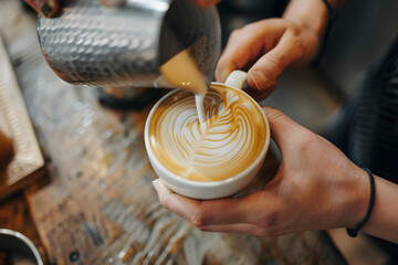 Fototapeta premium a barista's hands pouring steamed milk into a cup of espresso, creating a perfect latte art design