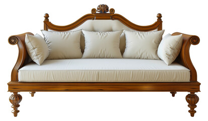 Classic wooden daybed with cream cushions, cut out - stock png.