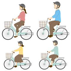 ヘルメットを被って自転車に乗る女性、男性、子どものイラストセット