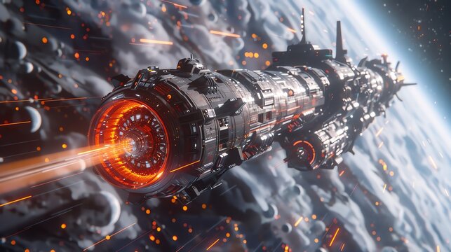Space station with artistic holographic displays, side view, Orbiting gallery, advanced tone, Triadic Color Scheme