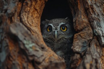Intense gaze of an owl peeking out from the sanctuary of a tree hollow