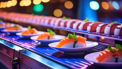 Vibrant conveyor belt sushi with fresh salmon and tuna nigiri, illuminated by colorful ambient lights in a modern restaurant setting.