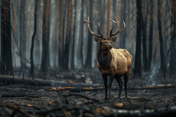 A tired elk is standing in the middle of a burned forest. Wild forest fire. Wild animal in the midst of wasteland after a fire. Environmental concept