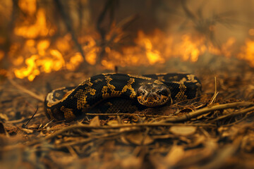 Anaconda runs from burning Amazonian forest. Wild forest fire. Wild animal in the midst of fire and smoke. Environmental concept