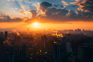 Fototapeta premium a bustling city skyline at sunset, showcasing urban life and the dynamic energy of city living