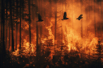 Birds fly from the forest. Wild forest fire wallpaper. Wild animal in the midst of fire and smoke. Environmental concept