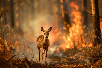 Deer runs from burning forest. Wild forest fire. Wild animal in the midst of fire and smoke. Environmental concept